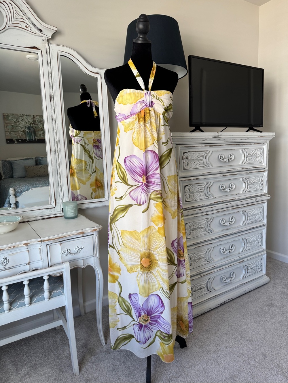 Y2K Floral Halter Maxi Dress in Yellow & Purple